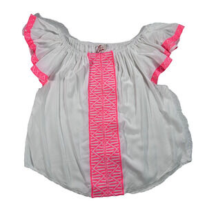 Solitaire Embroidered Flutter Sleeve Shirt Women's Large Pink/White Boho